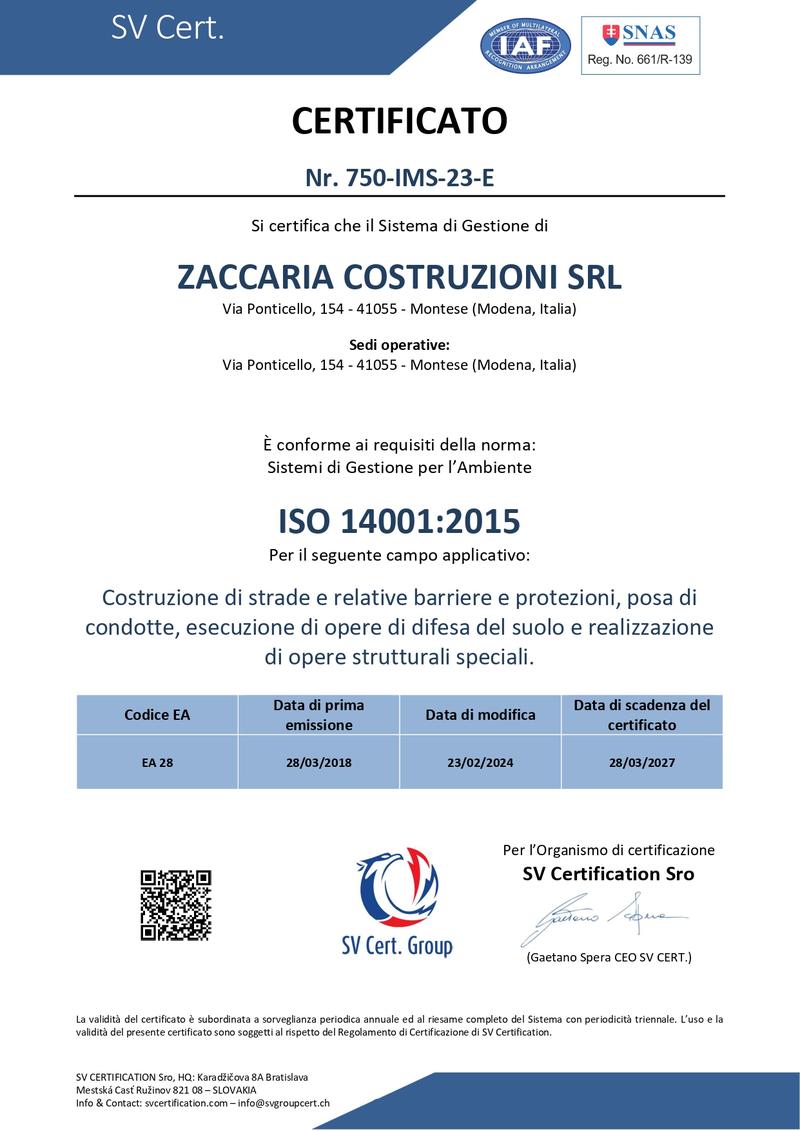 Certificato ambiente ISO 14001:2015