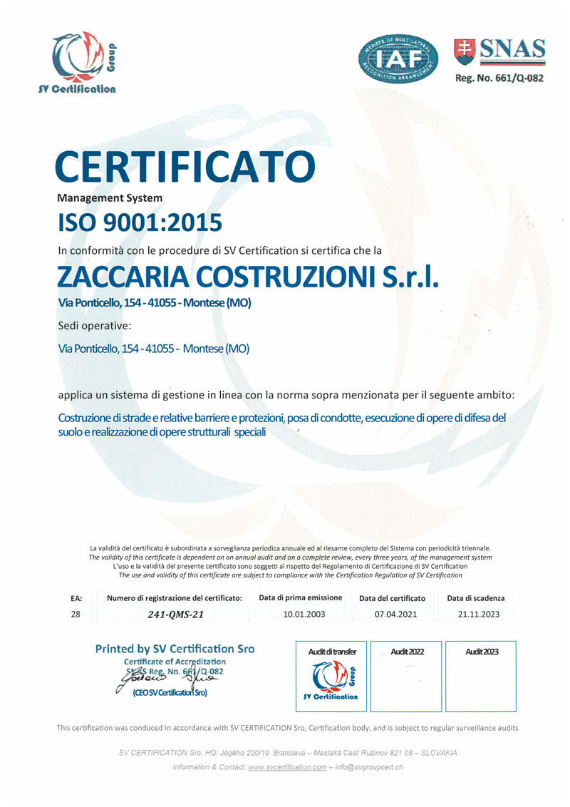Certificato di qualità UNI EN ISO 9001:2015