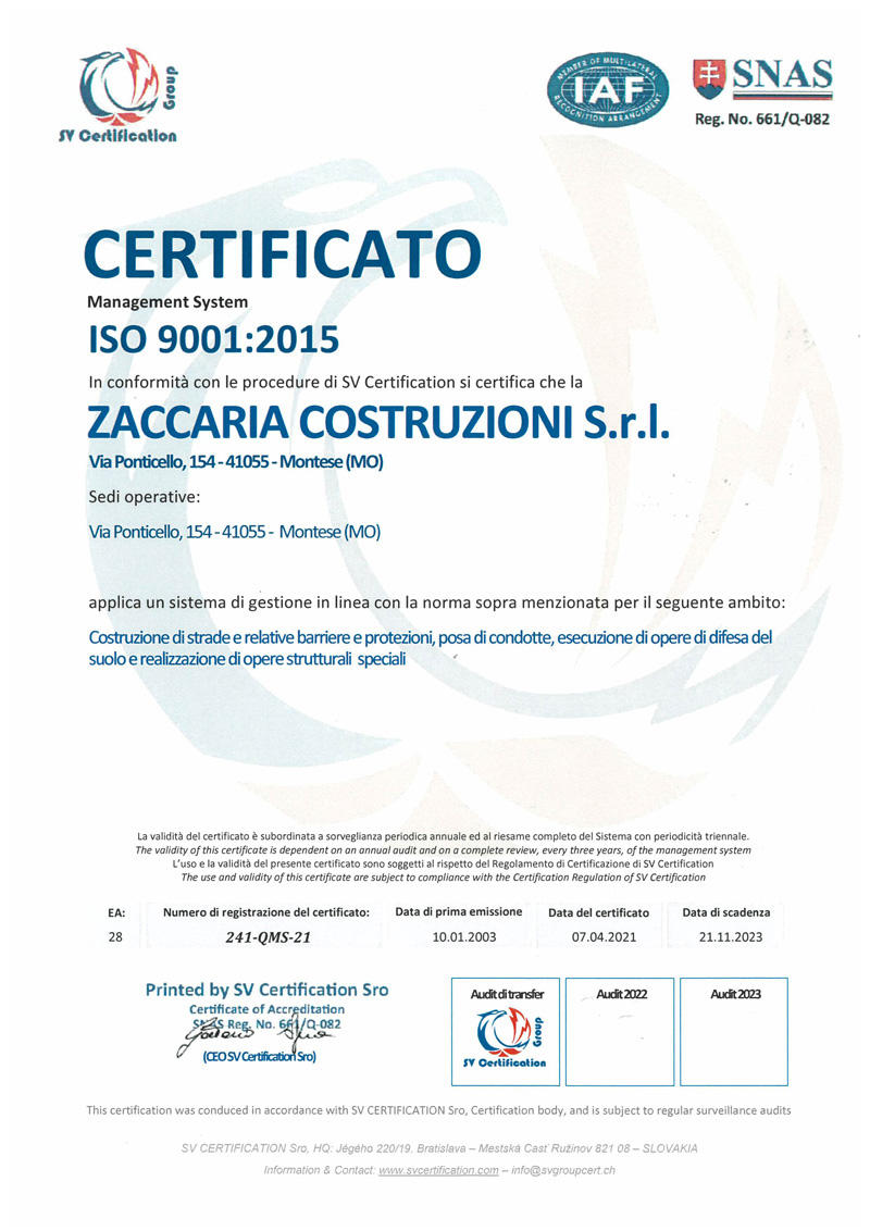 Certificato di qualità UNI EN ISO 9001:2015