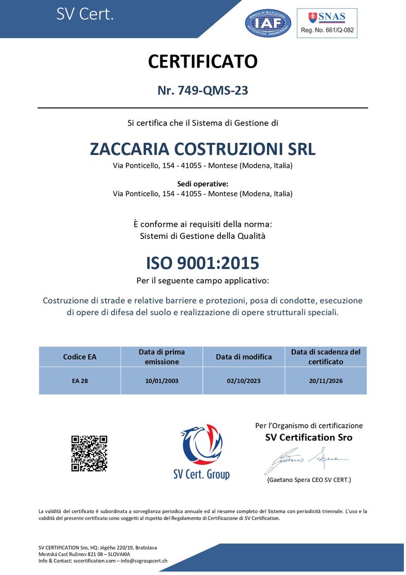 Certificato di qualità UNI EN ISO 9001:2015