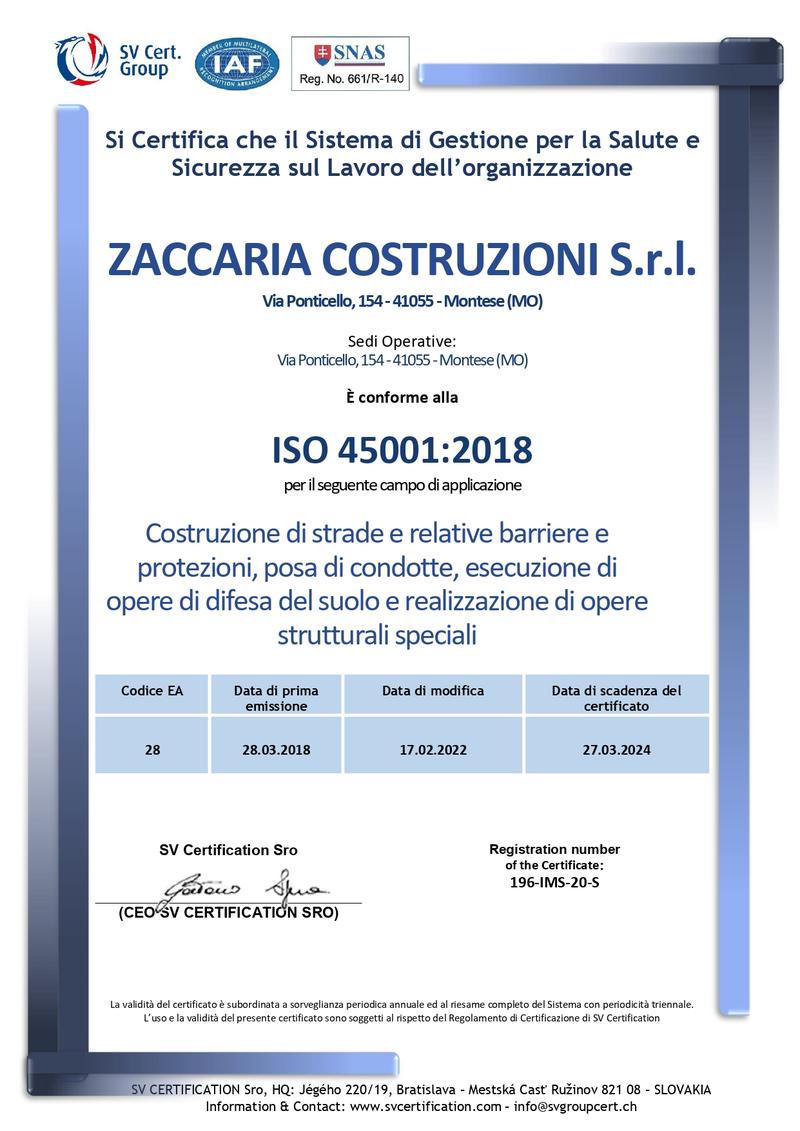 Certificato sicurezza ISO 45001