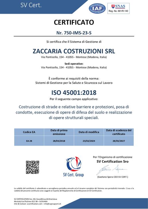 Certificato sicurezza ISO 45001