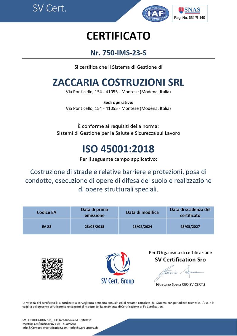 Certificato sicurezza ISO 45001