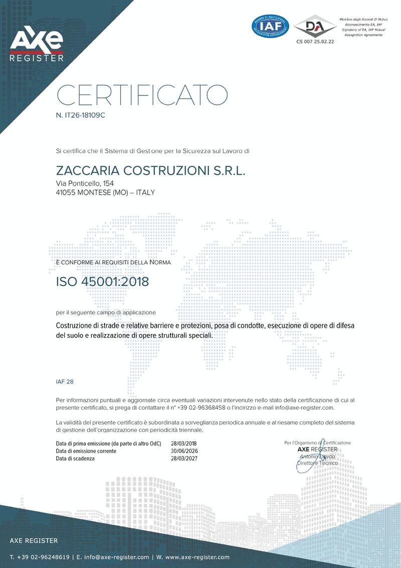 Certificato sicurezza ISO 45001