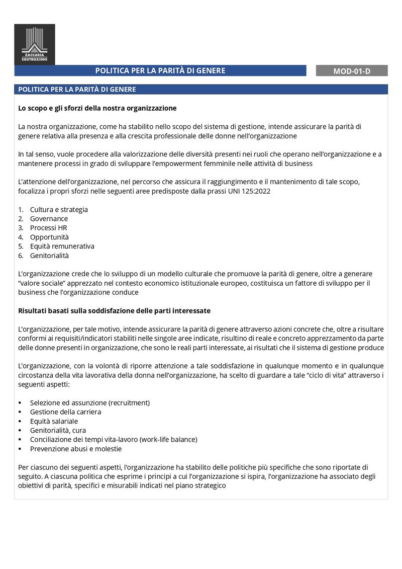 Politica parità di genere Zaccaria Costruzioni