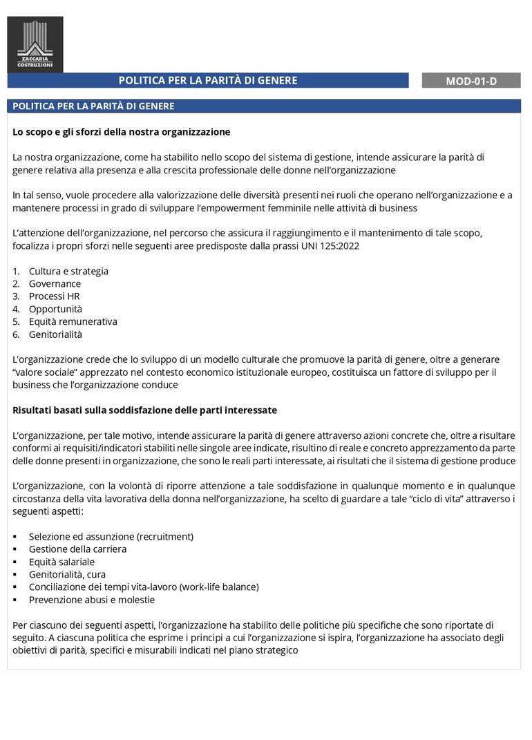 Politica parità di genere Zaccaria Costruzioni